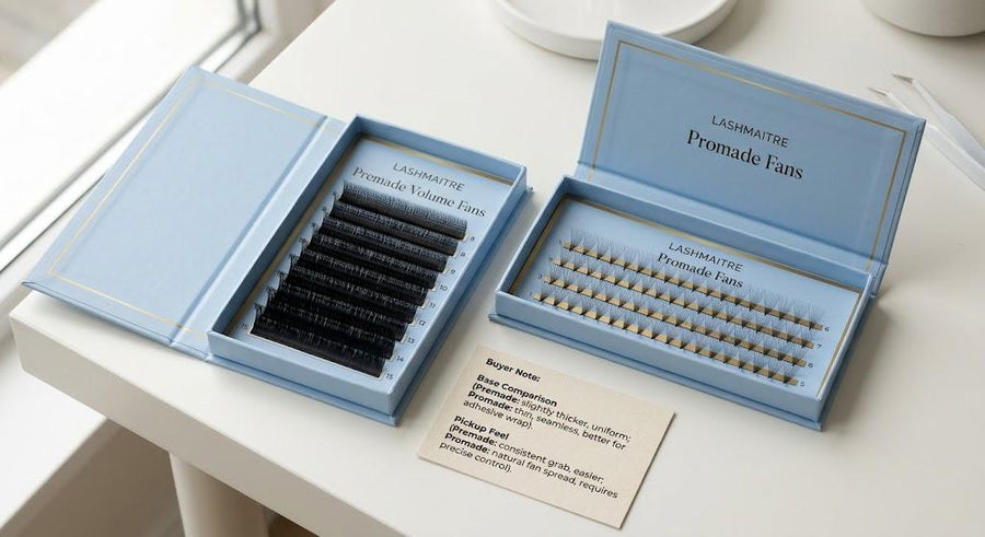 LASHMAITRE premade fans vs promade fans tray comparison for lash artists