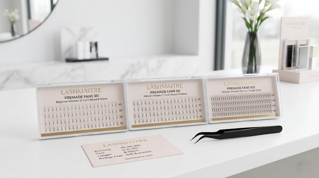 LASHMAITRE beginner premade fans product photo with 3D 5D and 10D lash trays