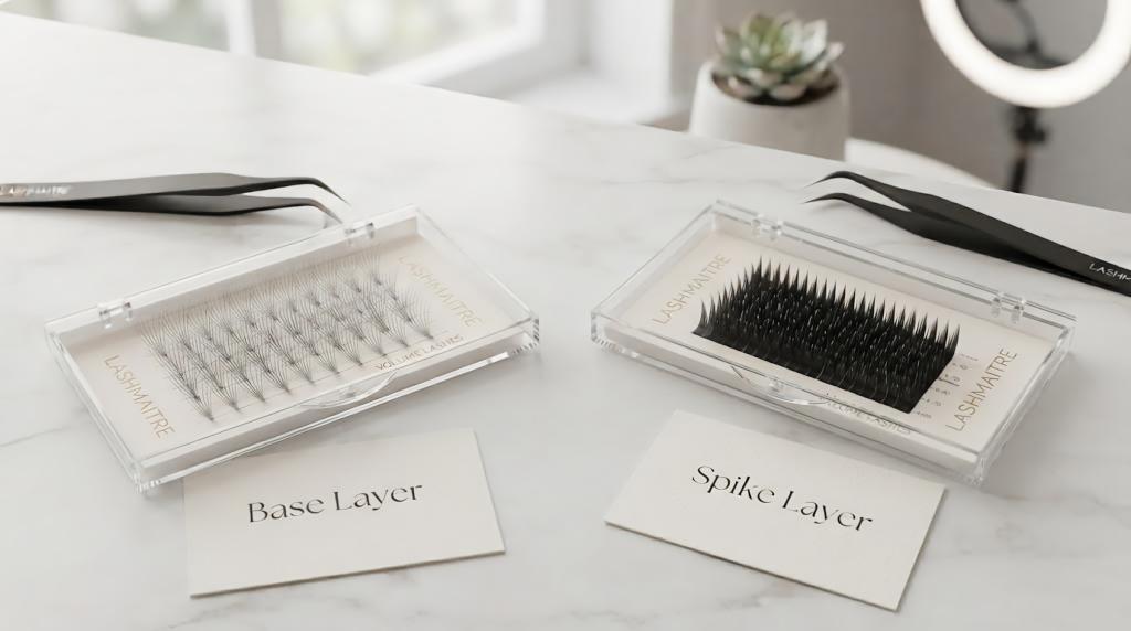 LASHMAITRE anime lash extensions base layer and spike layer tray comparison