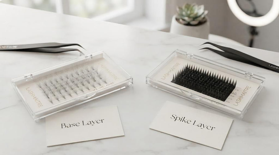 LASHMAITRE anime lash extensions base layer and spike layer tray comparison