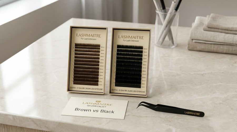 LASHMAITRE brown lash extensions vs black lash extensions tray comparison for salon buyers