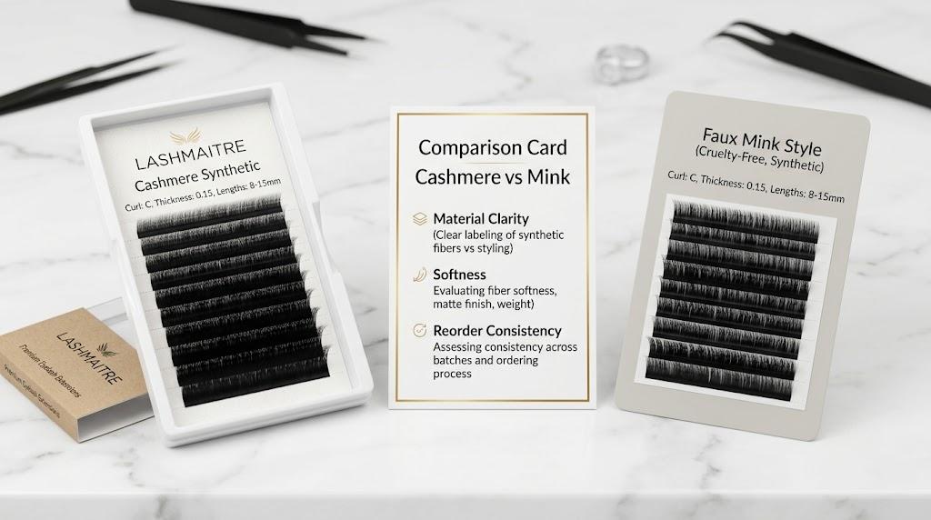 LASHMAITRE cashmere synthetic lash tray compared with faux mink style for salon buyers