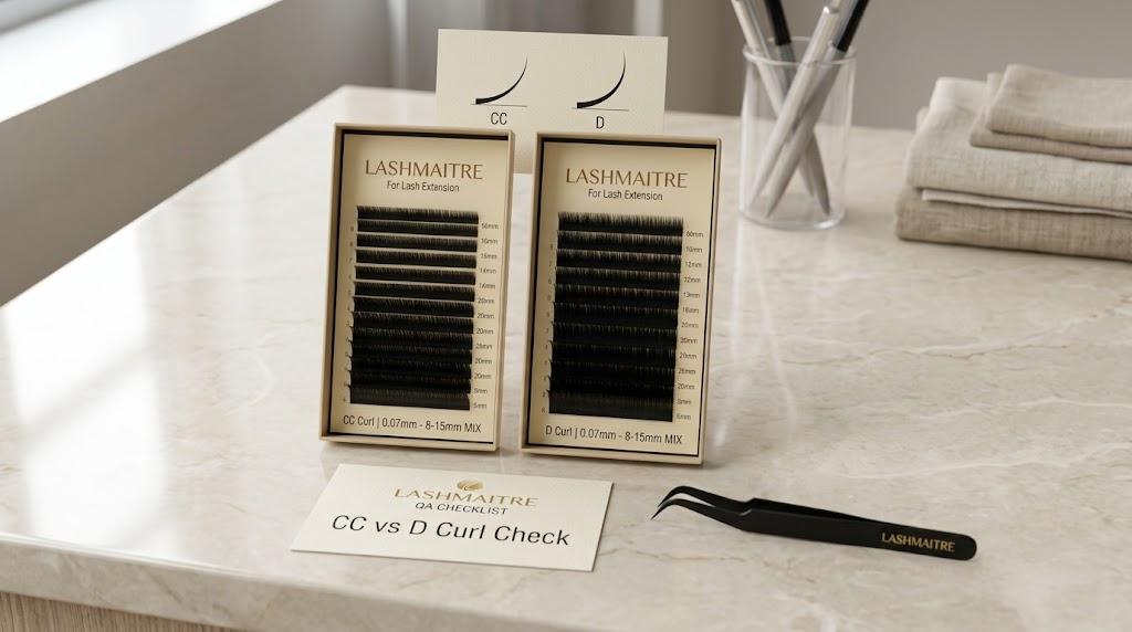 LASHMAITRE CC curl vs D curl lash extension trays with curl profile card