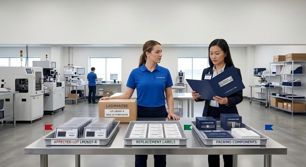 LASHMAITRE lash product specification review with branded trays, labels and packaging records