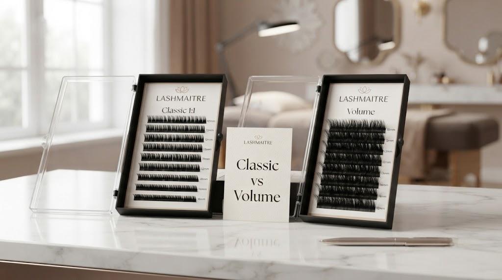 LASHMAITRE classic vs volume lash extensions tray comparison for salon stocking
