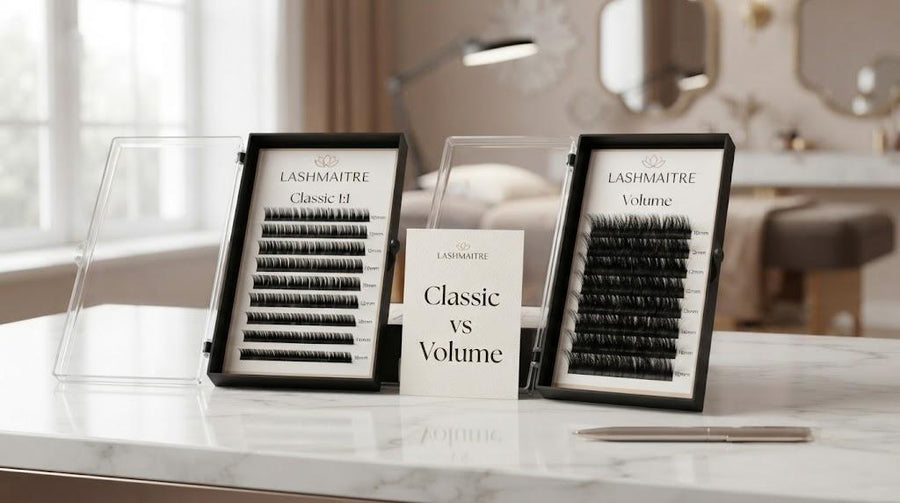 LASHMAITRE classic vs volume lash extensions tray comparison for salon stocking