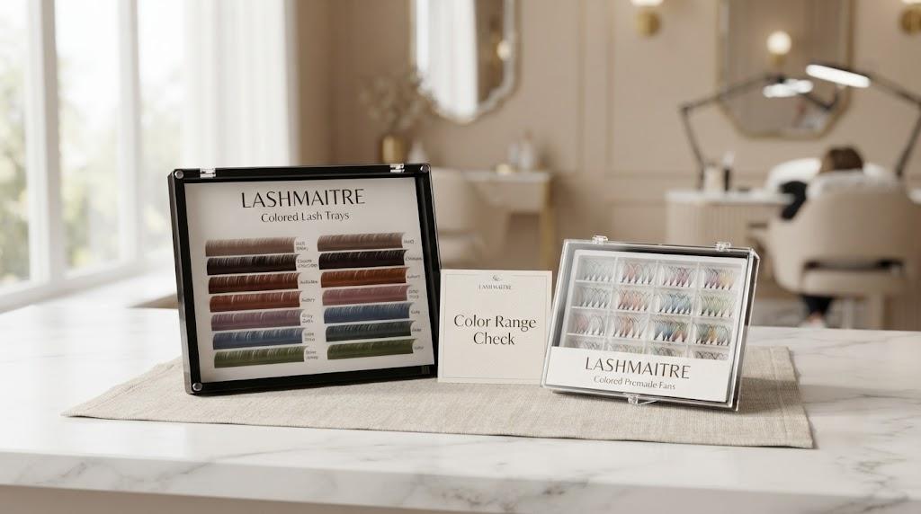 LASHMAITRE colored lash trays and colored premade fans comparison for professional lash buyers