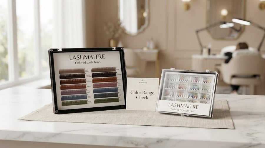 LASHMAITRE colored lash trays and colored premade fans comparison for professional lash buyers