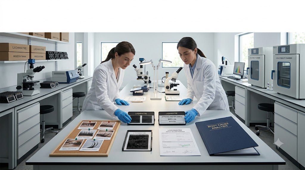 LASHMAITRE quality team comparing affected and approved lash samples during corrective action investigation