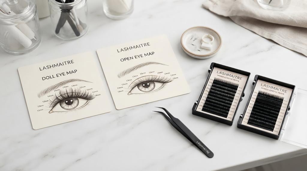 LASHMAITRE doll eye and open eye lash extensions maps with mixed length trays