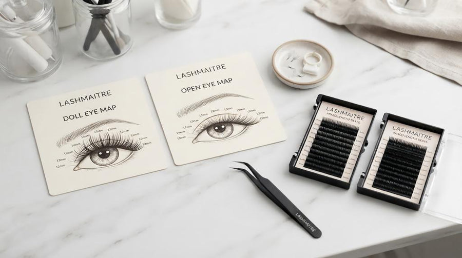 LASHMAITRE doll eye and open eye lash extensions maps with mixed length trays