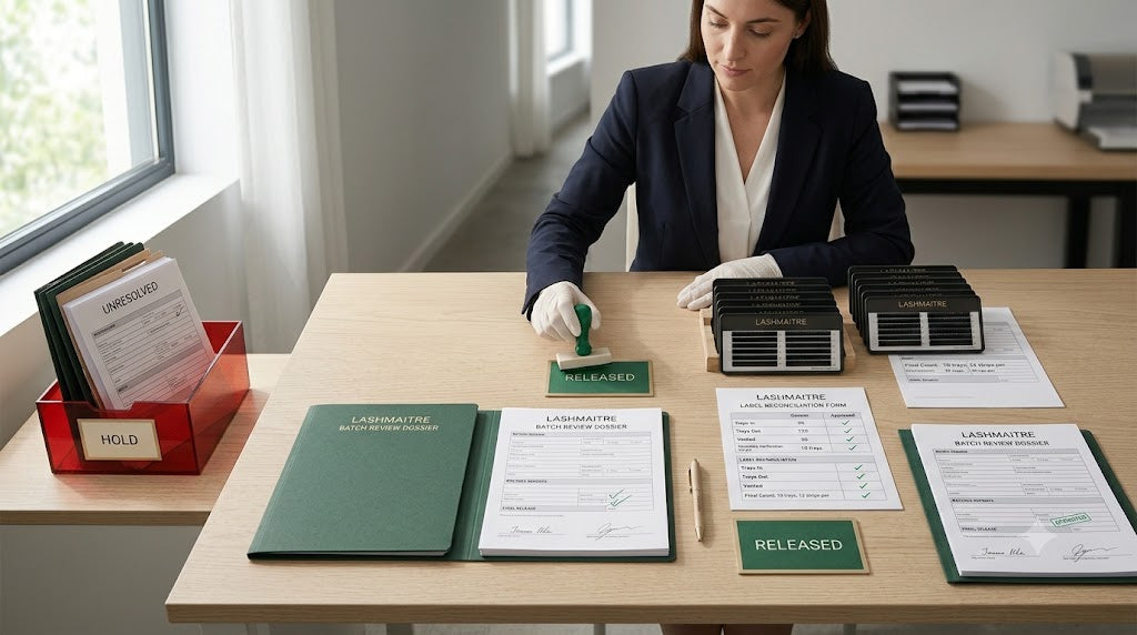 LASHMAITRE finished lash lot release desk with inspection, label reconciliation and authorization records