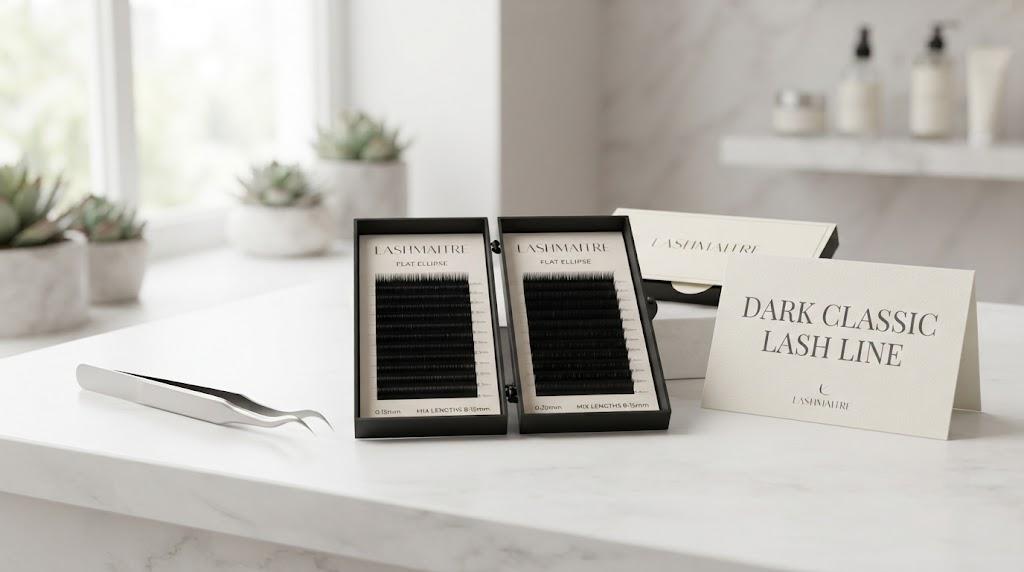 LASHMAITRE flat lash extensions and ellipse lash trays with dark classic lash line card