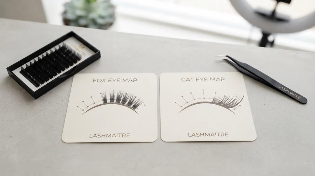 LASHMAITRE fox eye versus cat eye lash extensions mapping card comparison