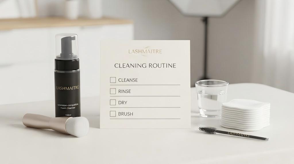 LASHMAITRE lash extension cleansing setup with foam cleanser soft brush pads and spoolie