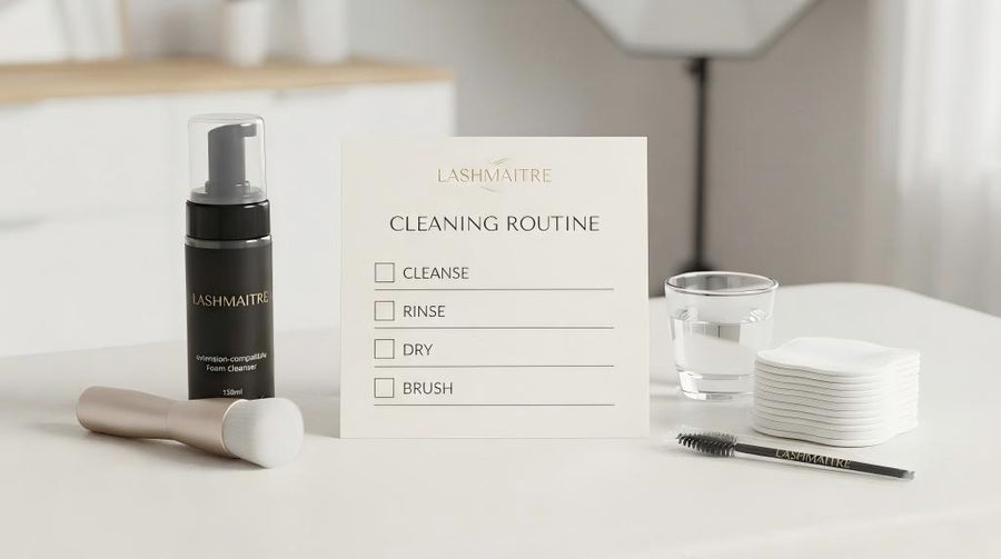 LASHMAITRE lash extension cleansing setup with foam cleanser soft brush pads and spoolie