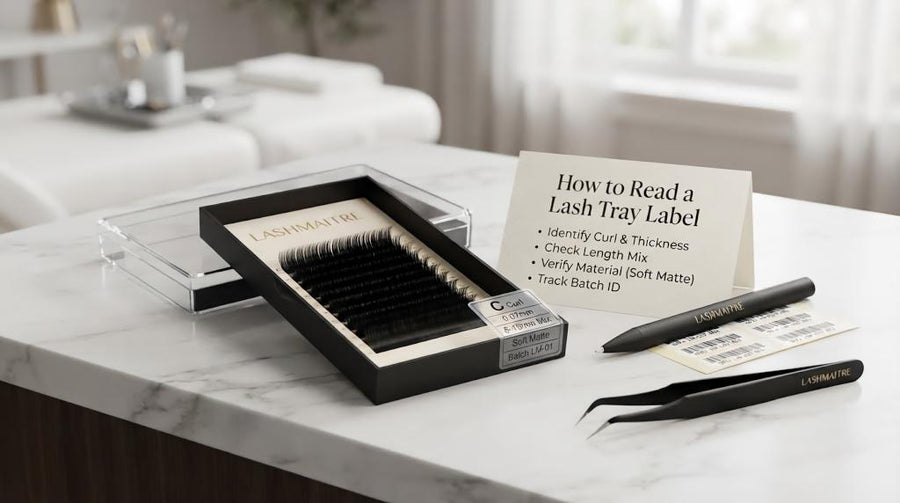 LASHMAITRE lash tray label reading setup with curl thickness length finish and batch ID notes