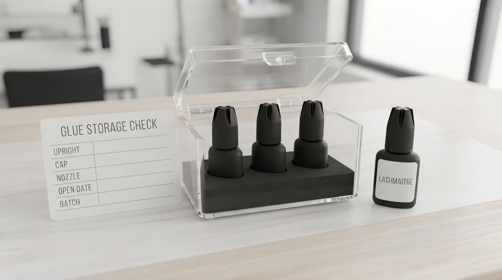 LASHMAITRE lash extension glue storage check with upright adhesive bottles