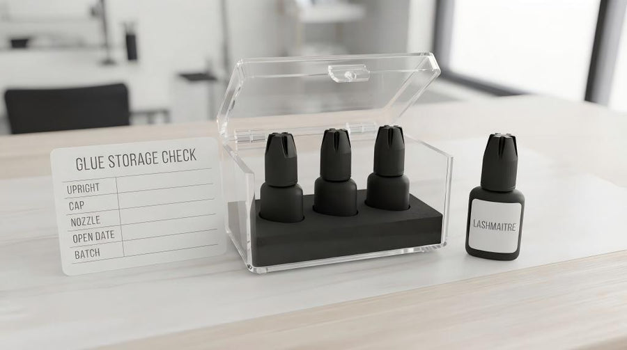 LASHMAITRE lash extension glue storage check with upright adhesive bottles