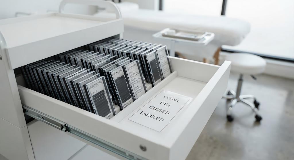 LASHMAITRE lash extension trays stored clean dry closed and labeled in a salon drawer
