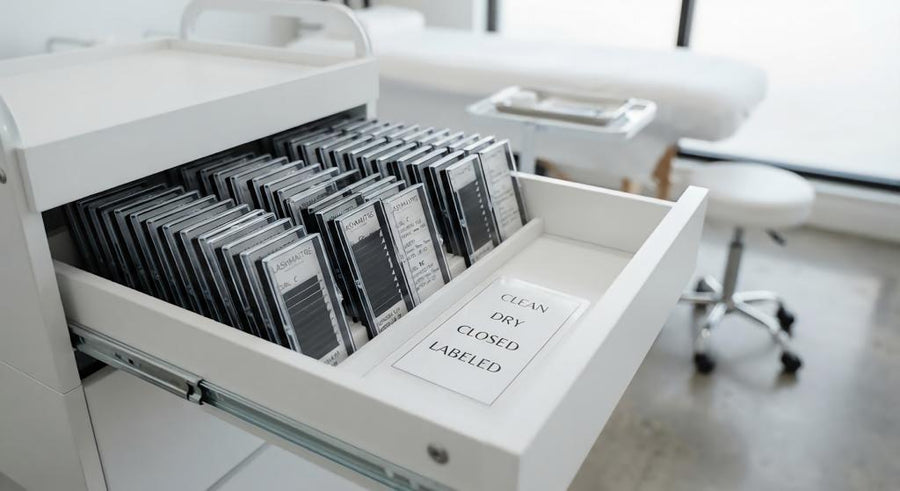 LASHMAITRE lash extension trays stored clean dry closed and labeled in a salon drawer