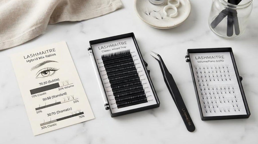 LASHMAITRE hybrid lash extensions classic and volume tray ratio planning