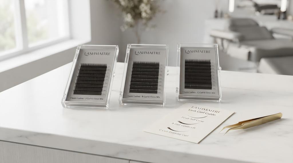 LASHMAITRE J curl B curl and C curl lash extension trays for natural curl comparison