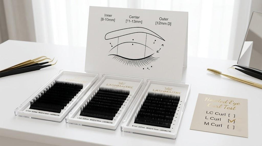 LASHMAITRE LC L and M curl lash extension trays for hooded eye curl testing