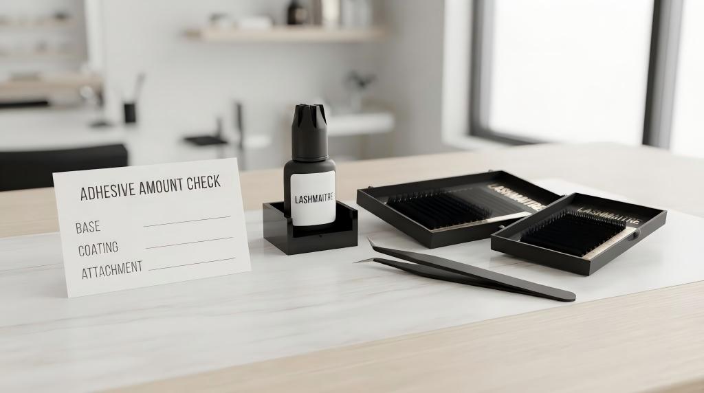 LASHMAITRE lash adhesive amount check with bottle trays and tweezers