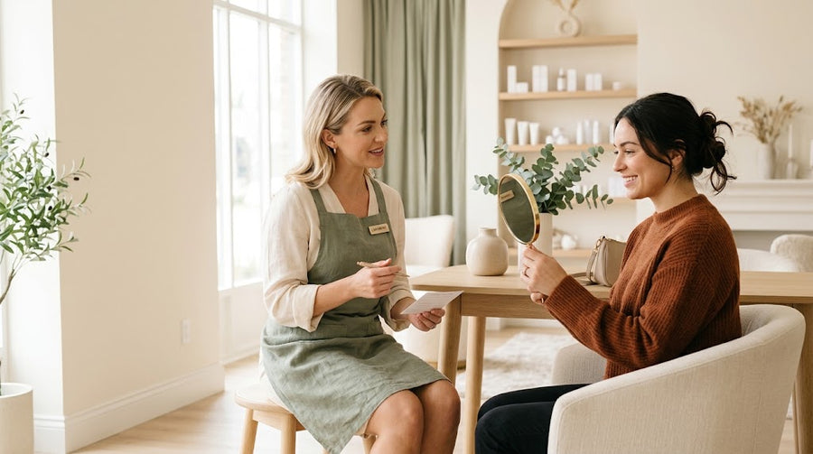 Illustrative salon consultation with a client holding a handheld mirror