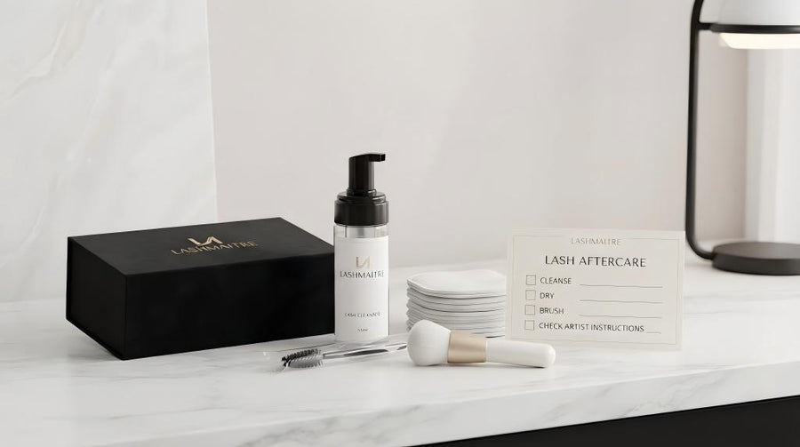LASHMAITRE lash extension aftercare workstation with cleanser spoolie and care checklist