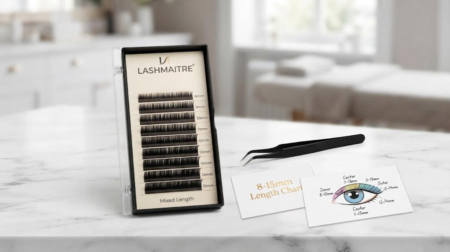 LASHMAITRE lash extension length chart with 8-15mm mixed length tray and eye mapping card