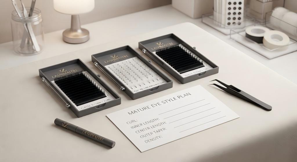 LASHMAITRE mature eye lash extension style plan with classic light volume and brown trays