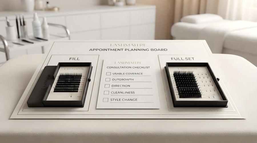 LASHMAITRE lash fill versus full set planning board with two tray setups