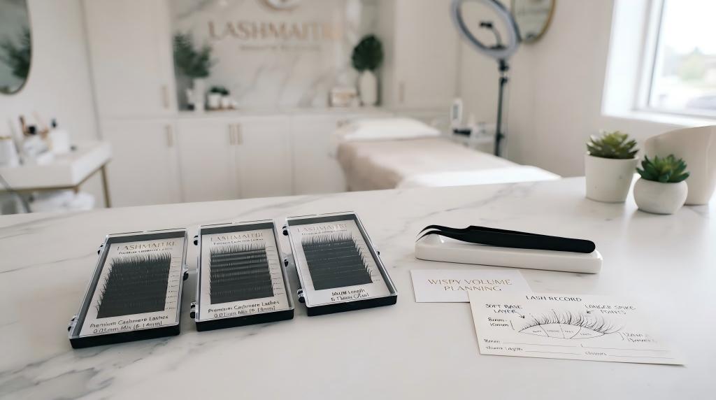 LASHMAITRE lash trays and wispy volume layering map in a salon workspace