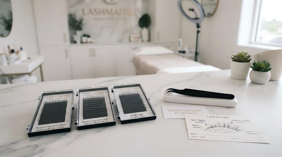 LASHMAITRE lash trays and wispy volume layering map in a salon workspace