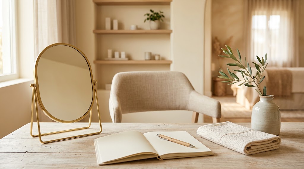 Illustrative salon consultation table with a mirror and open notebook