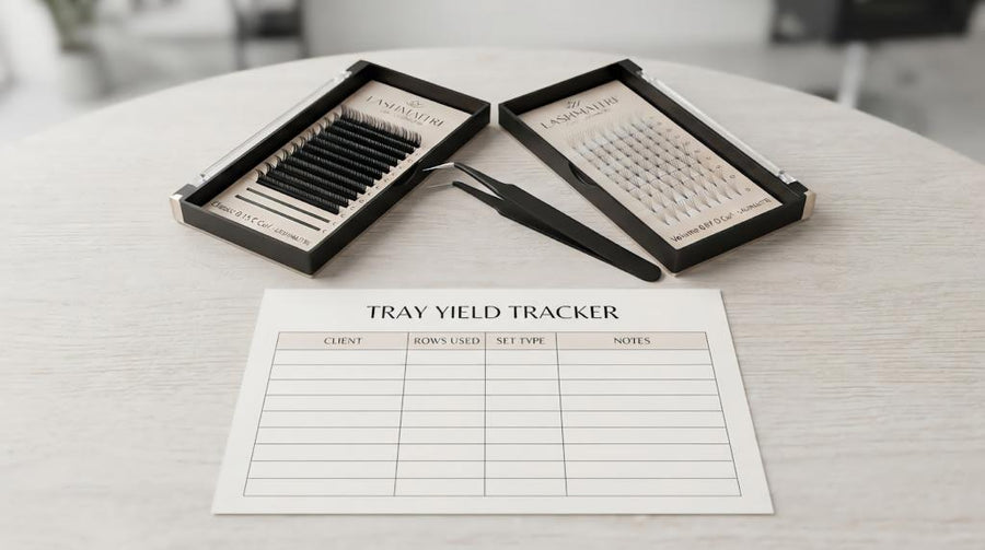 LASHMAITRE classic and volume lash trays with a salon tray yield tracker
