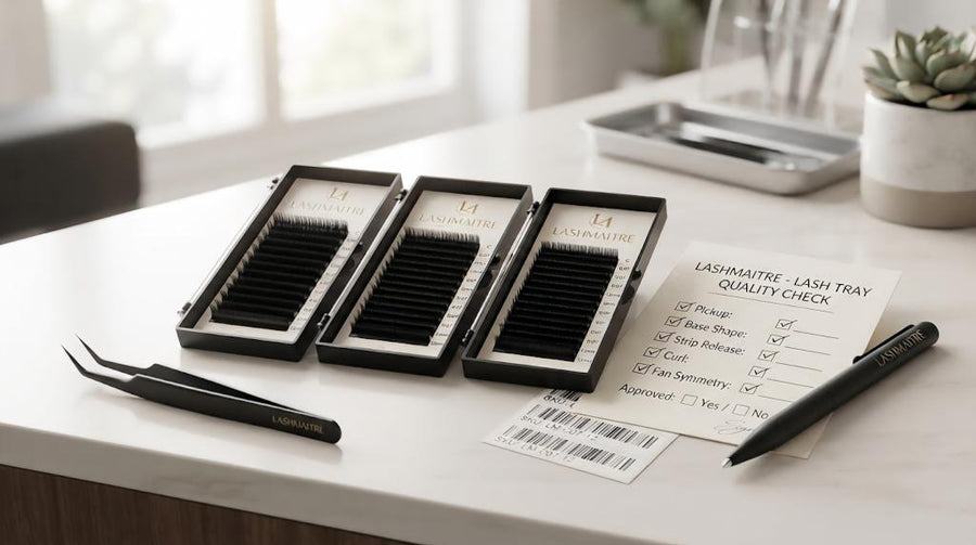 LASHMAITRE lash tray quality check with pickup base shape strip release curl and fan symmetry checklist