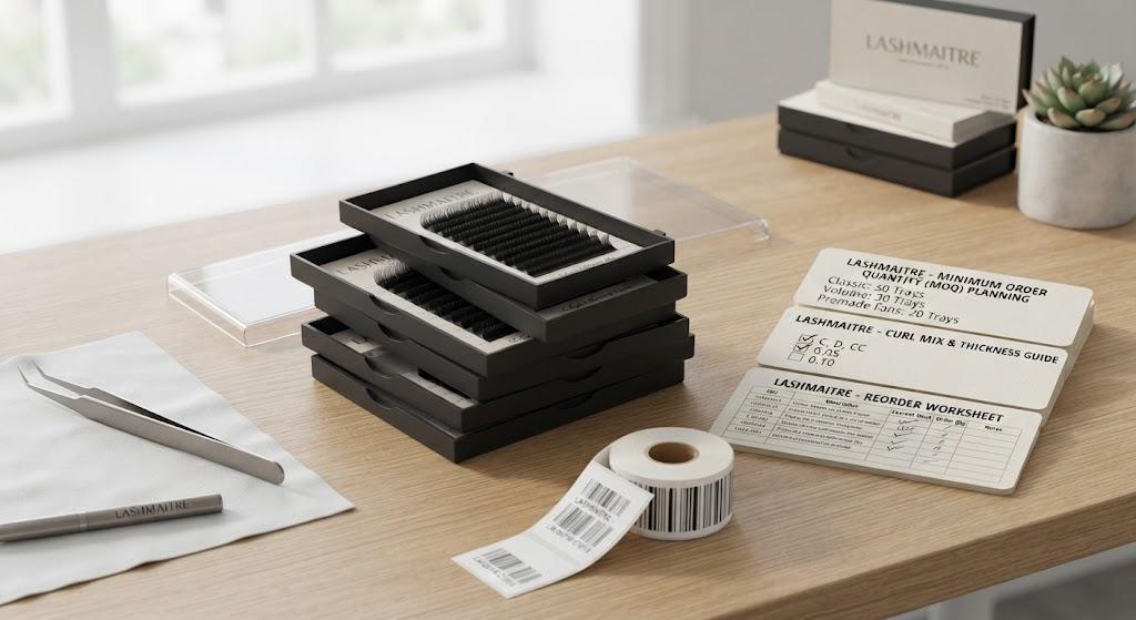 LASHMAITRE lash trays in bulk with MOQ curl mix and reorder worksheet