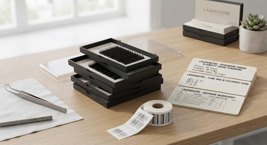 LASHMAITRE lash trays in bulk with MOQ curl mix and reorder worksheet