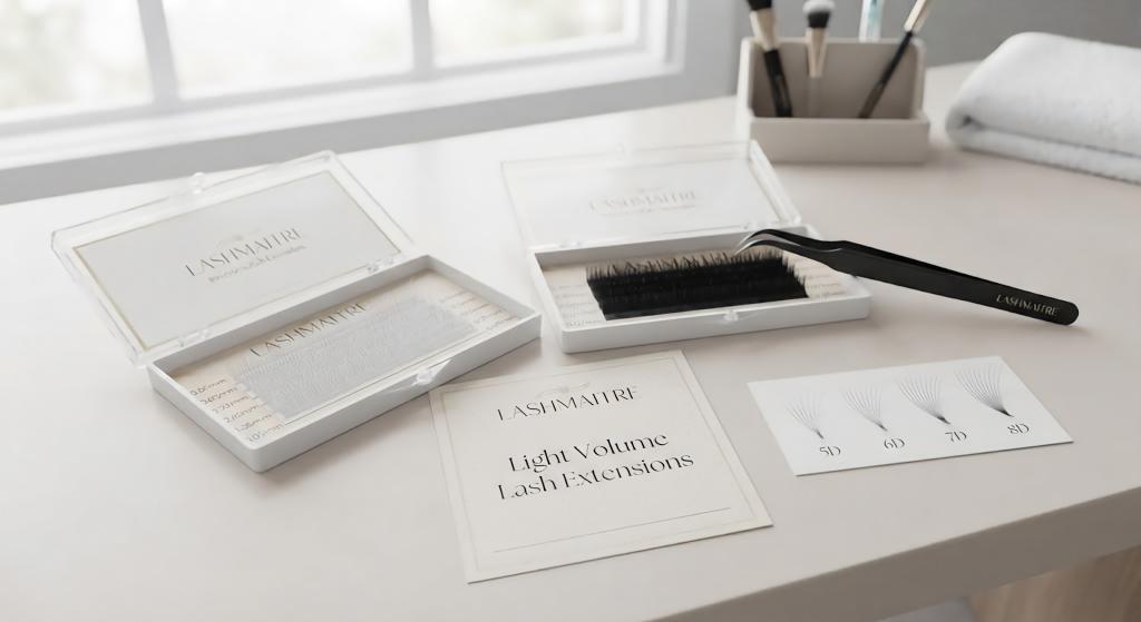 LASHMAITRE light volume lash extensions tray planning with soft fan samples