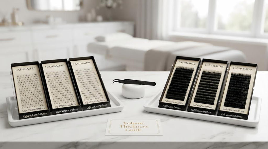 LASHMAITRE light volume and full volume lash extension trays showing 0.05mm and 0.07mm density comparison