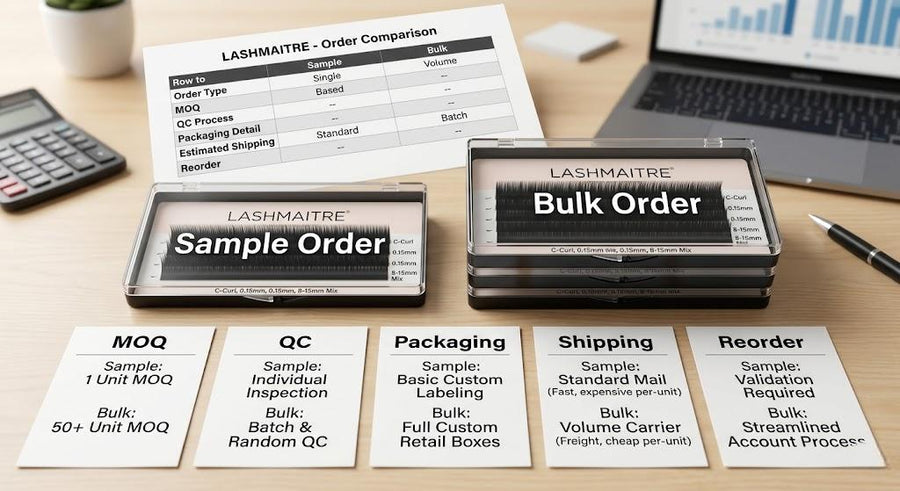 LASHMAITRE sample order and bulk order comparison for premade lash fans