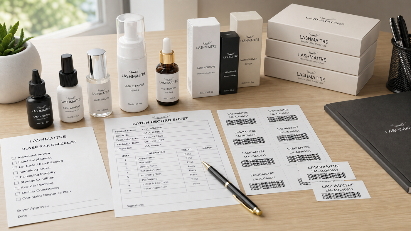 LASHMAITRE lash adhesive buyer risk checklist with batch record labels and private label packaging