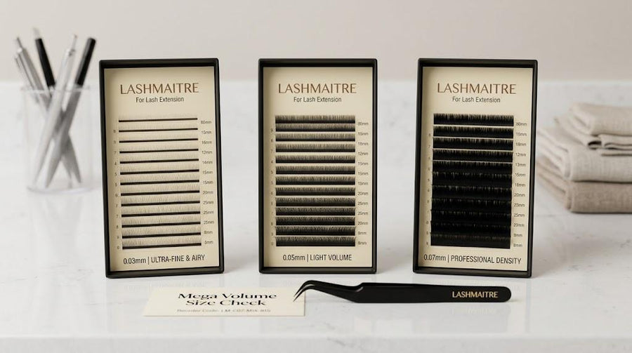 LASHMAITRE mega volume lash extension size guide with 0.03mm 0.05mm and 0.07mm trays