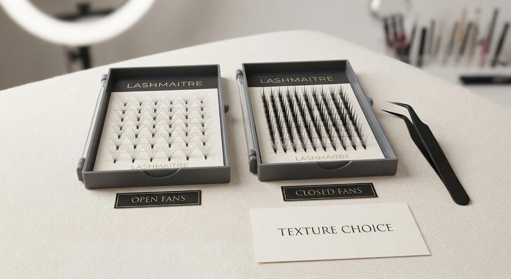 LASHMAITRE open fan and closed fan lash extension trays for texture choice
