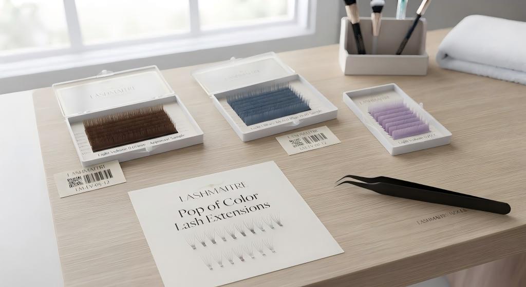 LASHMAITRE pop of color lash extensions with brown muted blue and soft purple accent trays