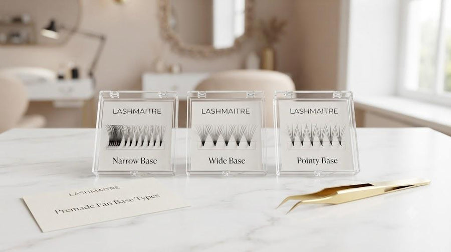 LASHMAITRE premade fan base types showing narrow wide and pointy base samples
