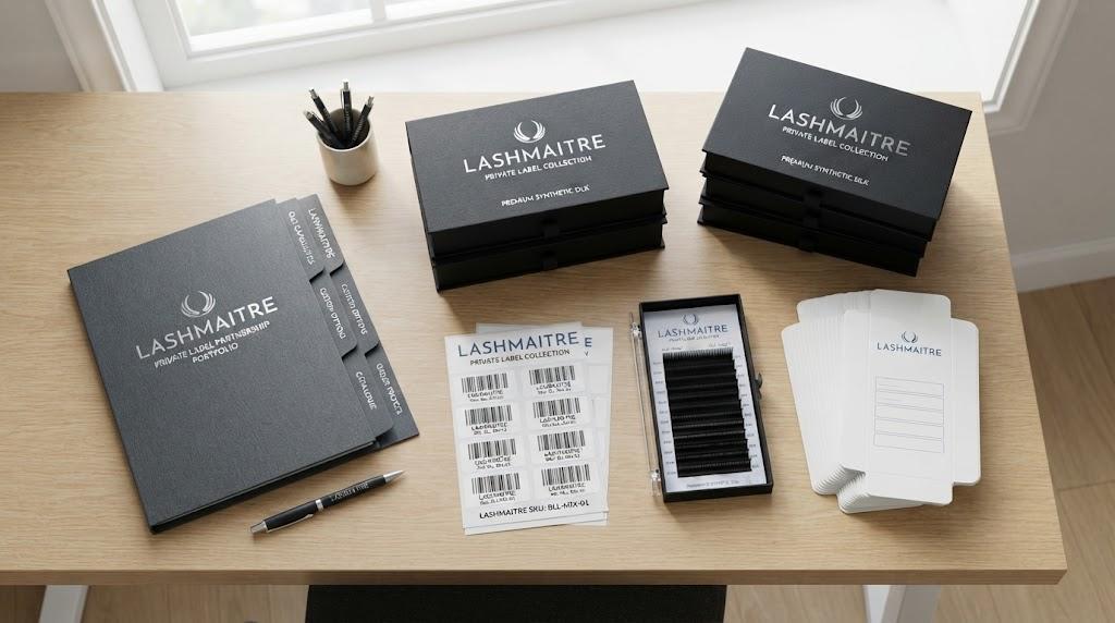 LASHMAITRE private label lash packaging portfolio with tray cards boxes and barcode labels